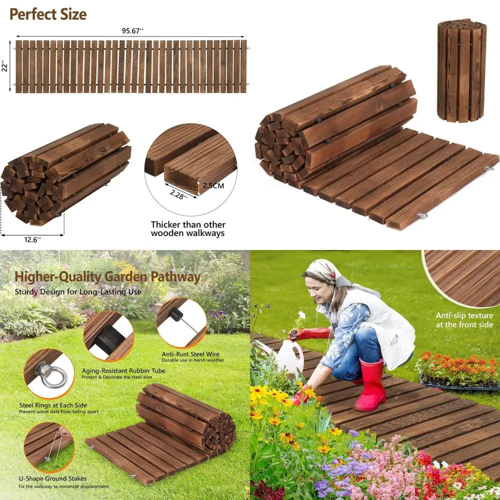 Rollo de Camino de Madera para Exteriores de 22 Pulgadas de Ancho con Antideslizante, Alambre de Acero y Estacas para Jardín, Patio y Piscina