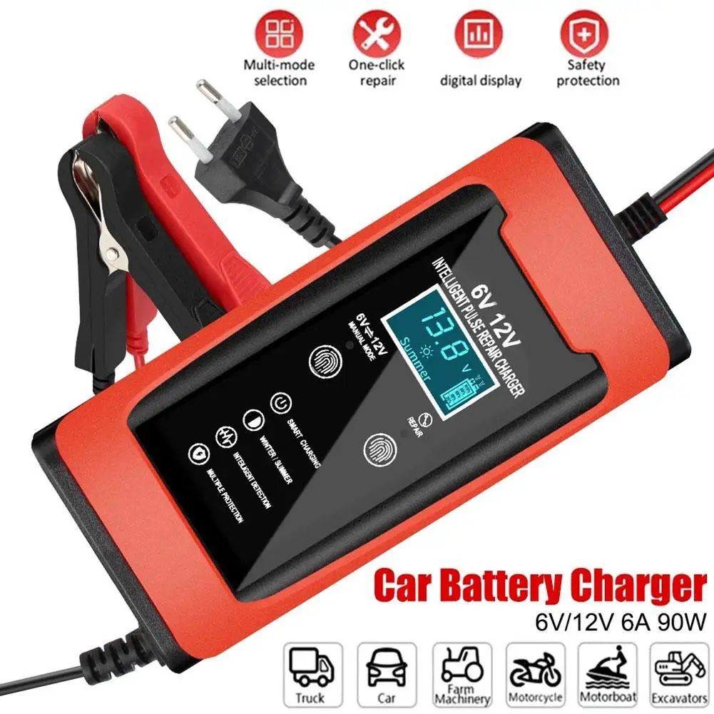 6V 12V 6A Smart Fast Charge Cycle GEL Lead-Acid Charger Universal Battery Charger Repair LCD Pulse Display Car Auto V6M9