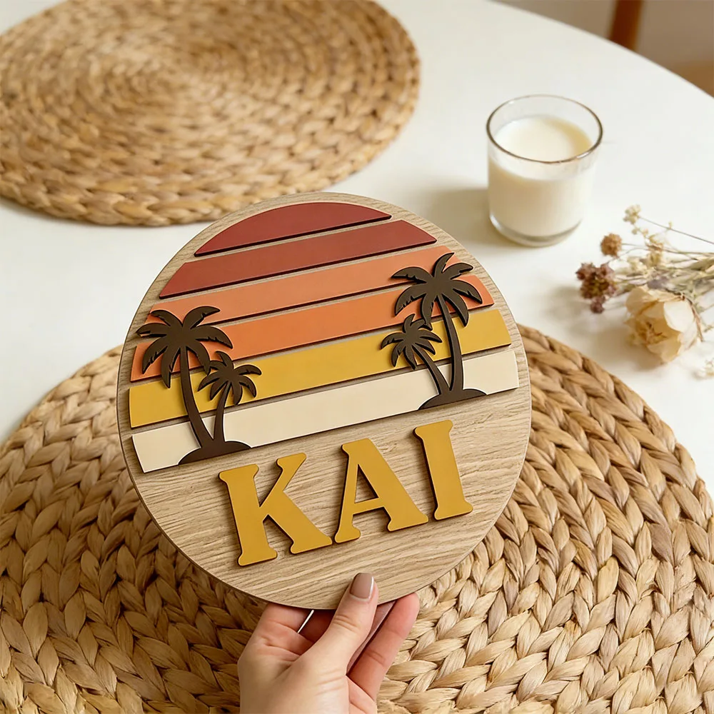 Personalized Tropical Sunset Palm Tree Round Name Sign Wooden Wall Art Custom Name Plaque for Vintage Beach Themed Home Beach