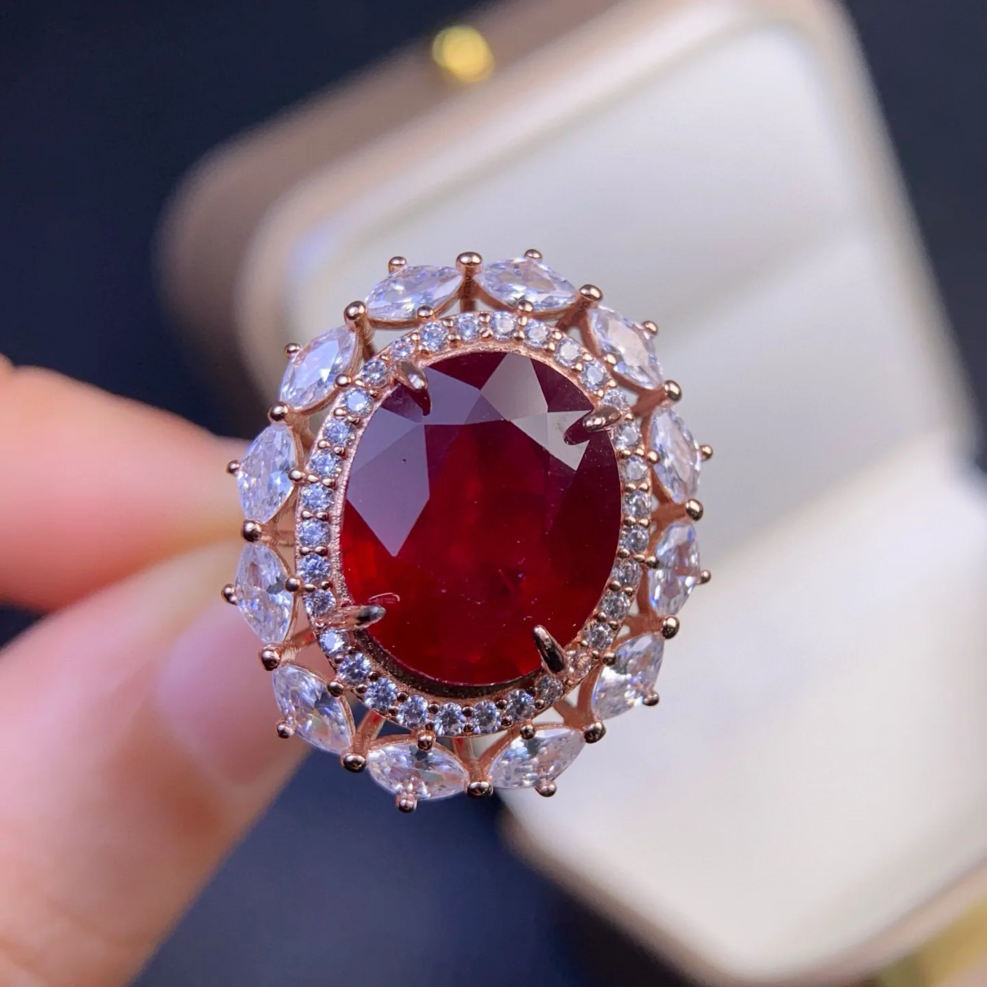 Heated Ruby Statement Ring 12x15mm Main Stone 925 Sterling Silver Fine Crafted Halo Setting Cocktail Ring for Women