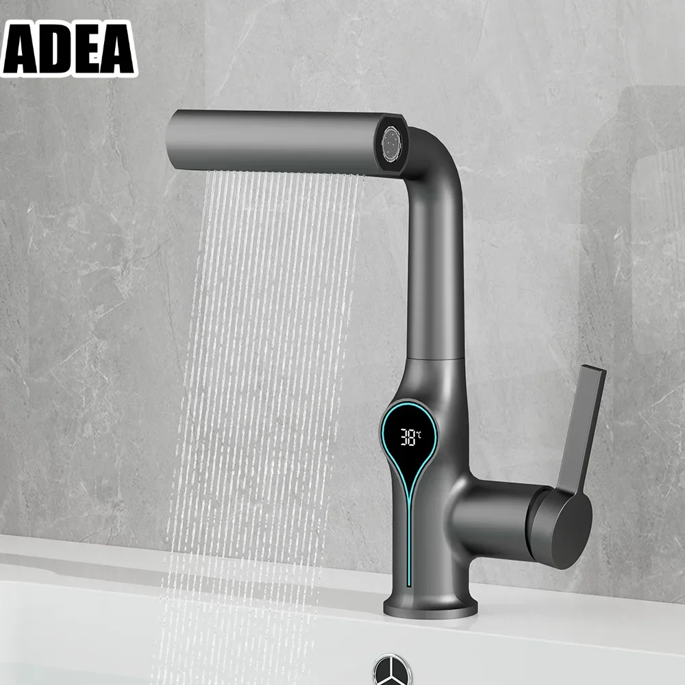 Waterfall Temperature Digital Display Basin Faucet Lift Up Down Stream Sprayer Hot Cold Water Sink Mixer Wash Tap For Bathroom
