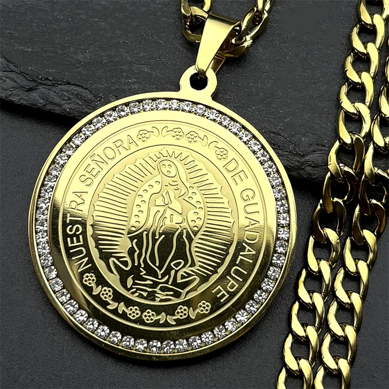 

Hip Hop Stainless Steel Virgin Mary Big Crystal Pendant Necklace Men Our Lady of Guadalupe Jewelry virgen de guadalupe NZZZ483S5
