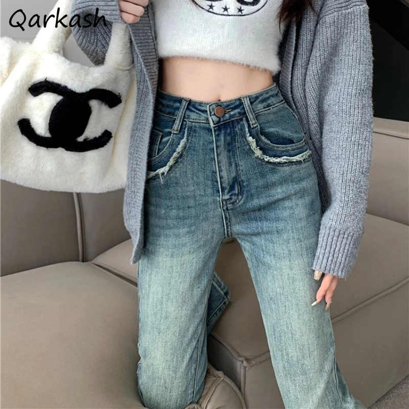 

Solid Jeans Women Spring Girls Fur-lined Pocket Designed Skinny Straight High Waist Causal Korean Fashion Streetwear All-match