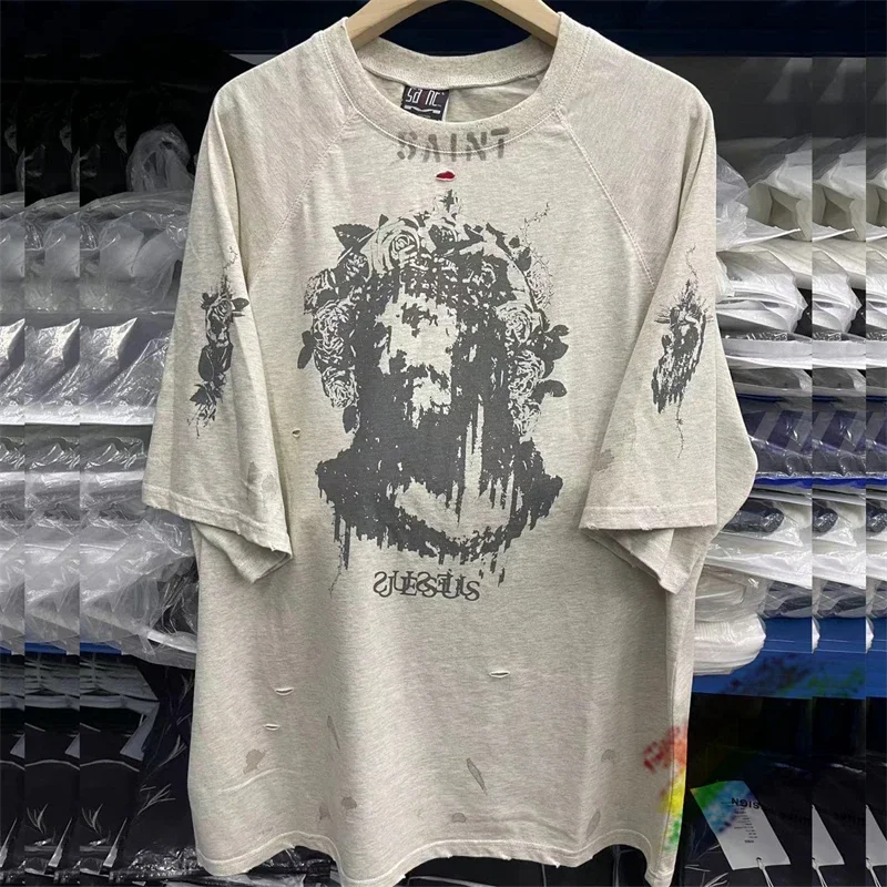 Graffiti Print Saint T Shirt Men Women High Quality Retro Washed T-Shirt Tee Tops