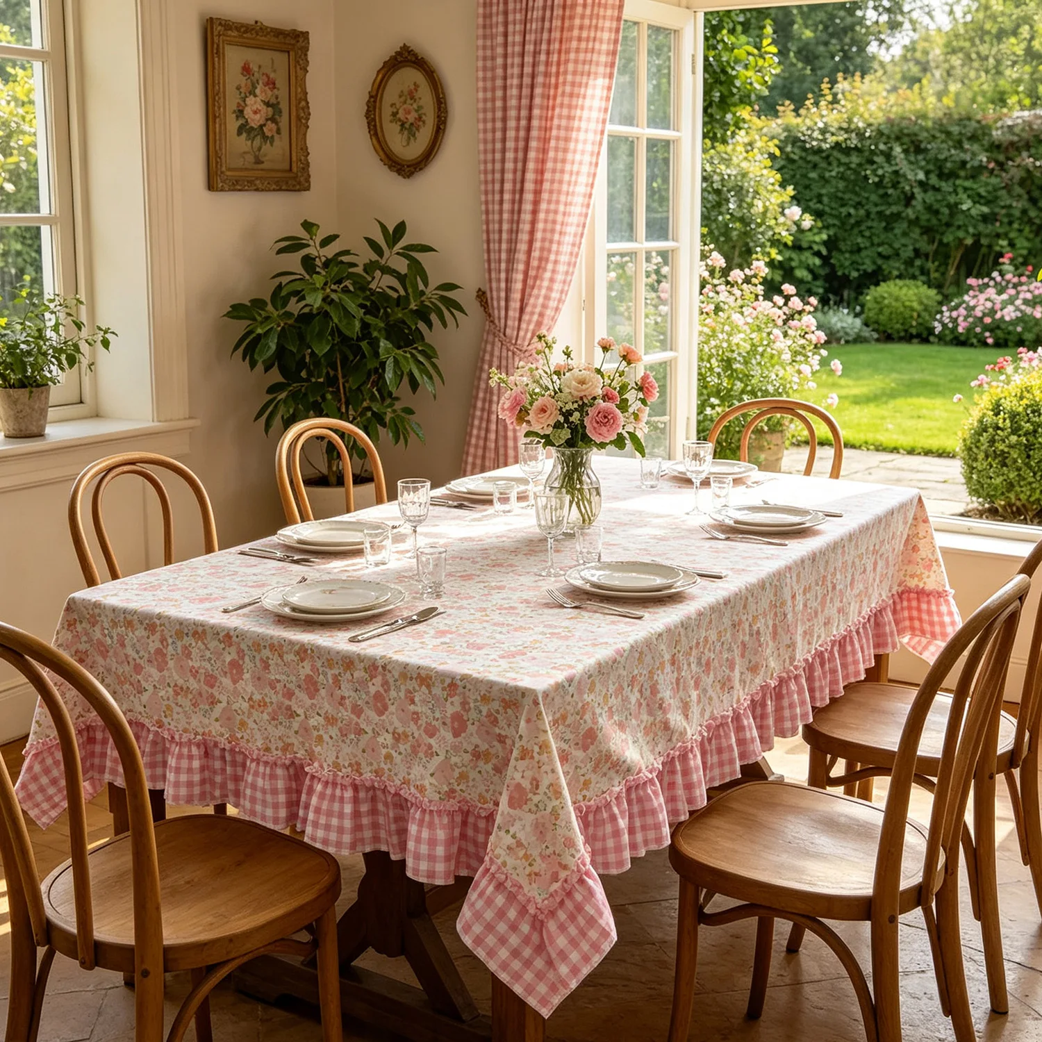American Pastoral Flowers Print Pink Tablecloth Rectangular Coffee Table TV Cabinet Cover,Restaurant Living Room Home Decoration