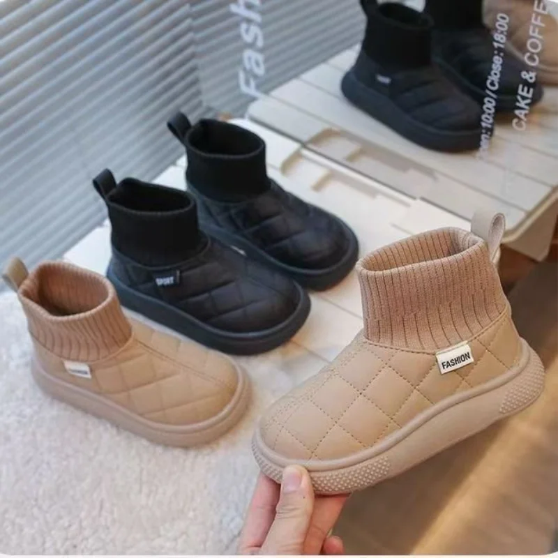 

Snow Boots Ankle Boots PU Leather Solid color ​Flat shoes Winter Shoes For Children Anti-slip Warm Khaki Black Shoes Size 26-37