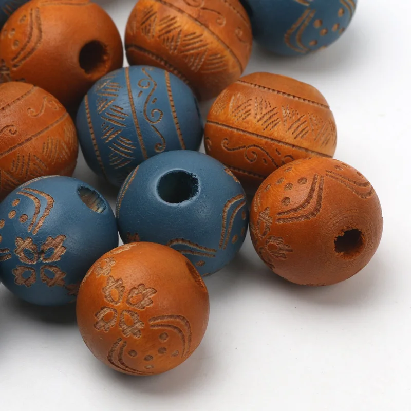 Natural Wooden Beads Carved Pattern Colored Wood Beads 16mm 5/10pcs Loose Round Balls Beads Findings For DIY Jewelry Accessories