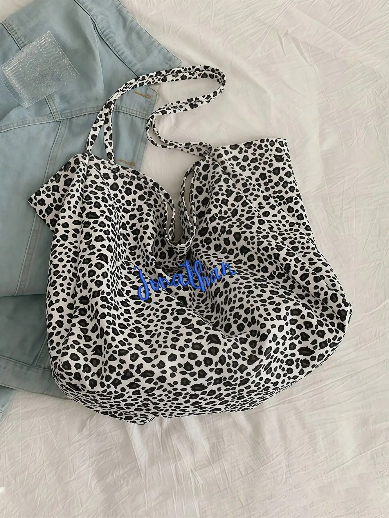 1PC Personalized Women's Shoulder Bag - Custom Name Embroidery, Leopard Canvas, Large Capacity, For Daily Use/Gift