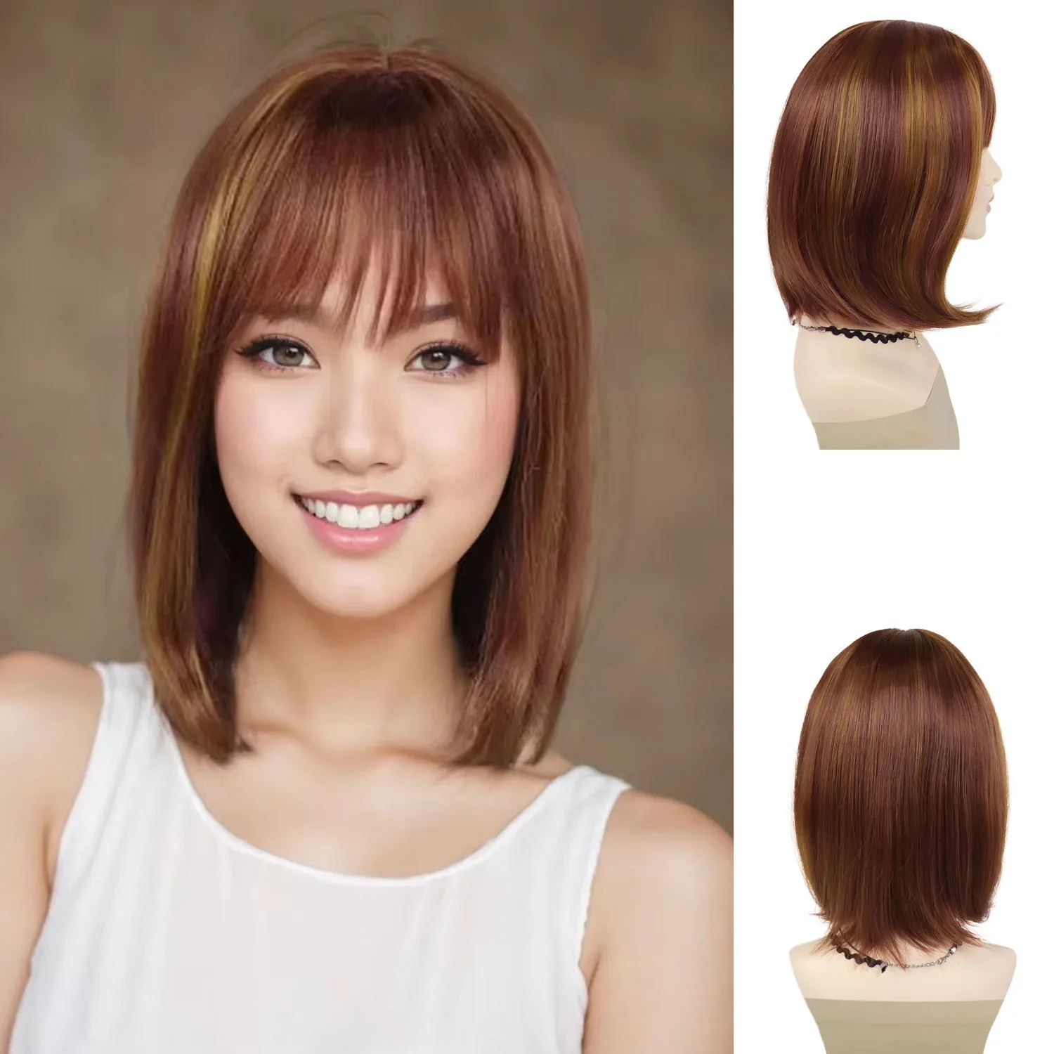 Women's Blonde Mix Auburn Wig Synthetic Highlights Short Bob Wigs with Bangs Straight Hair Daily Cosplay Party Heat Resistant