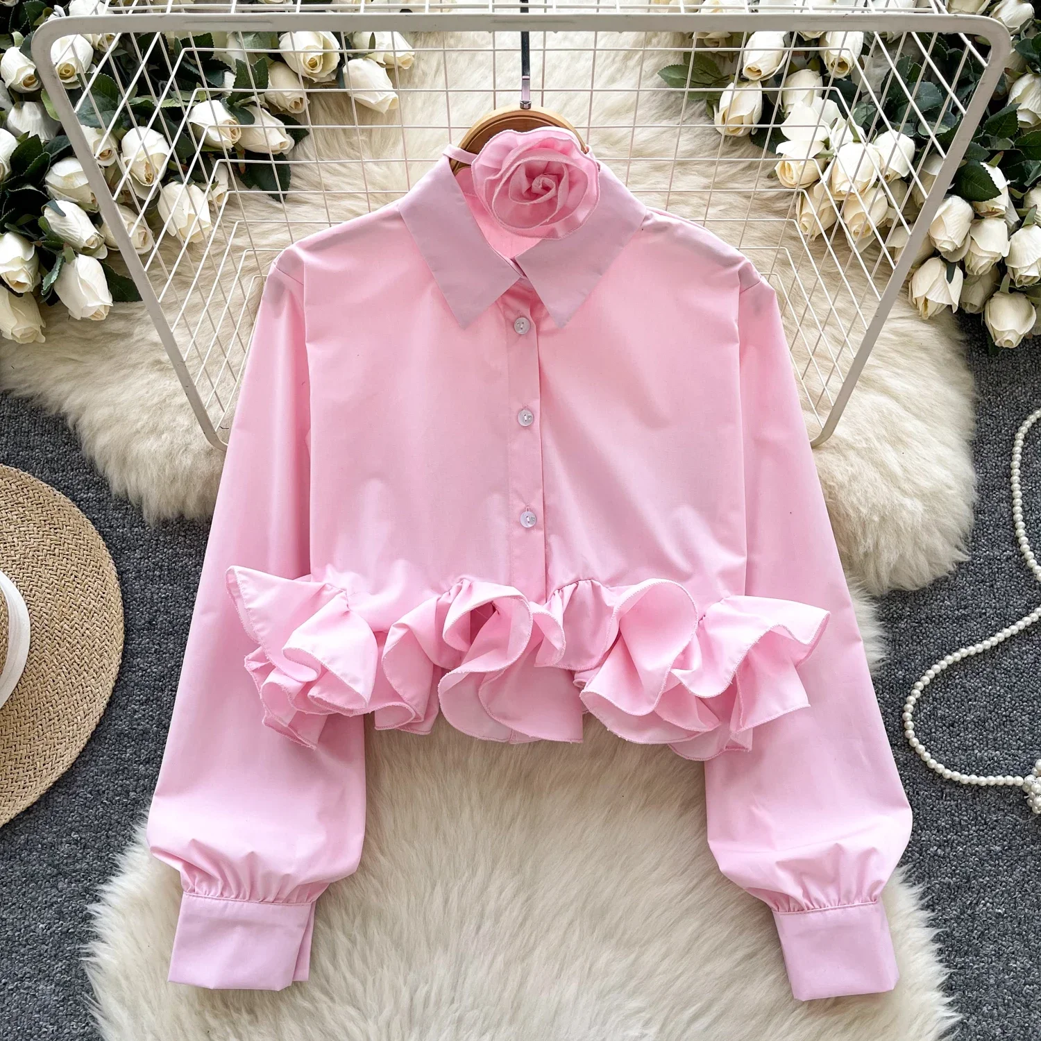 

2025 New Spring 3D Flower Blouse Women Long Sleeve Single Breasted Turn-down Collar Solid Tops Spring Slim Basics Short Shirts