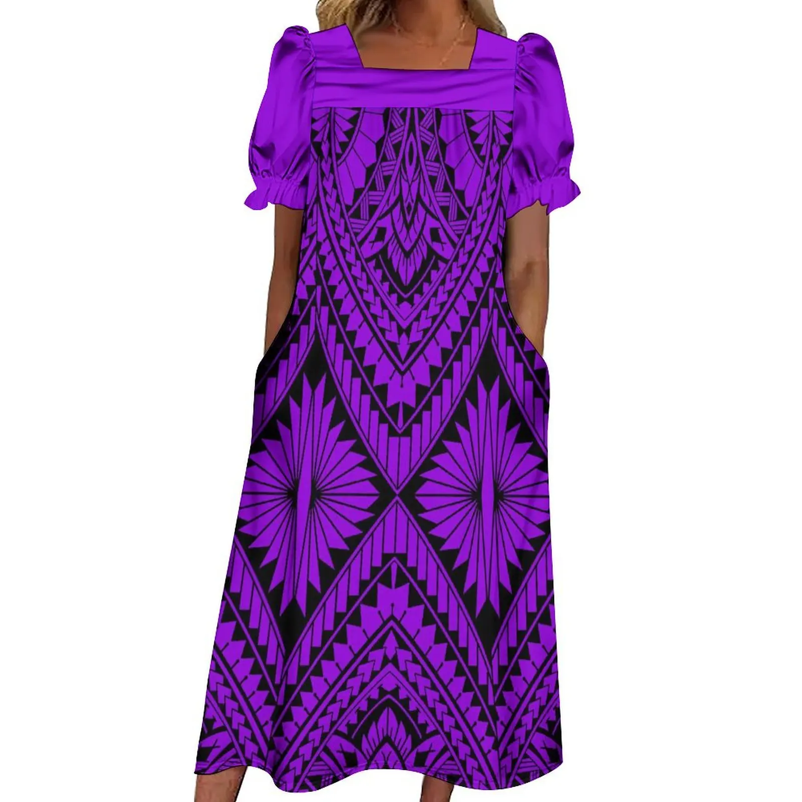 

Micronesia Tribe Custom Mumu Women'S Short-Sleeved Dress Polynesian Party Summer Women'S Pocket Long Dress