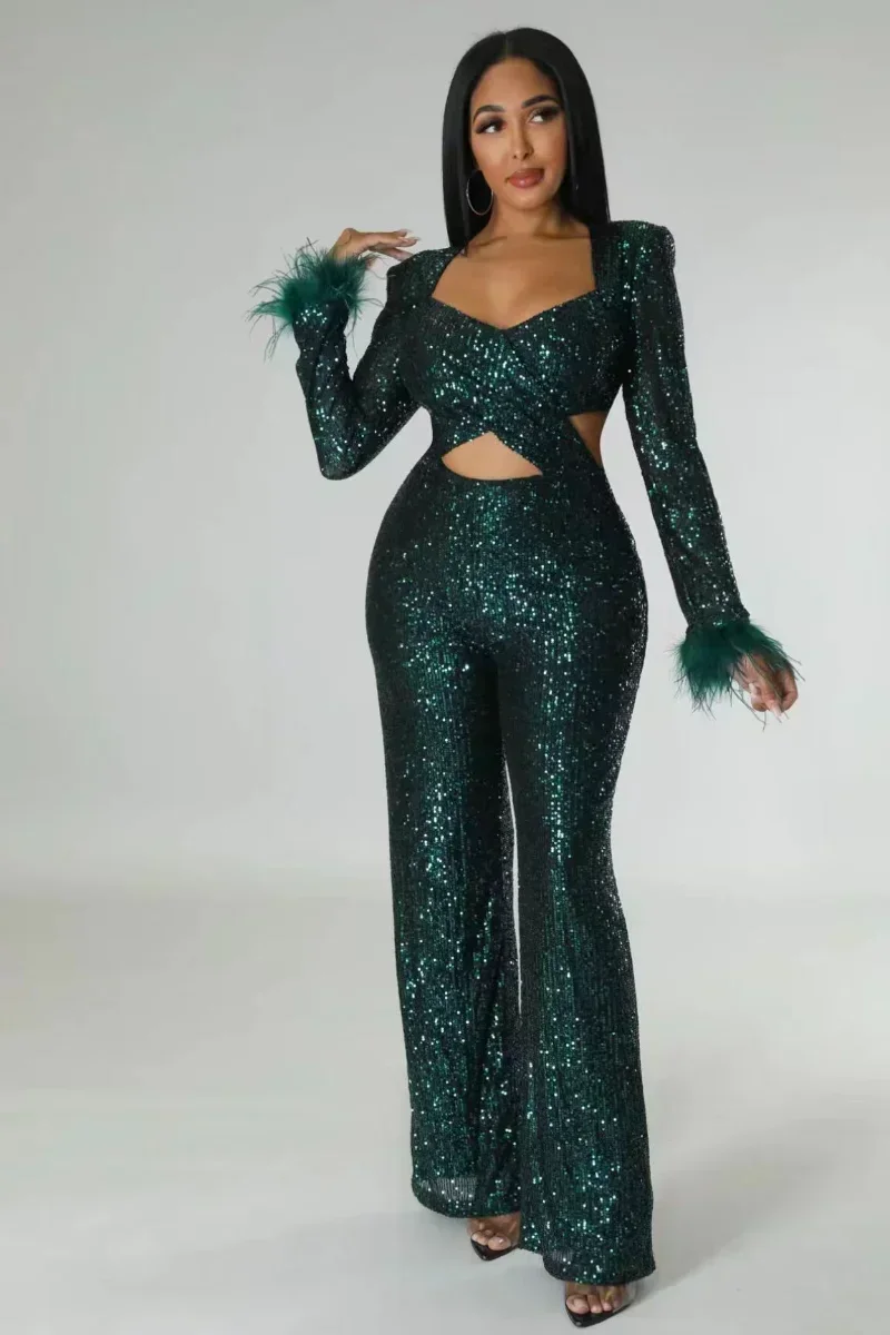 

GUWU Vintage Sequin Women Puff Long Sleeve Feather Wide Leg Jumpsuit Sexy Cut Out Waist Wrap V-neck Party Club Street Rompers