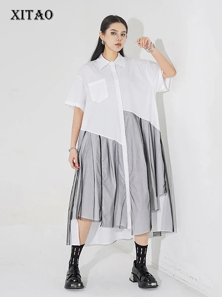 

XITAO Mesh Patchwork Female Shirt Dress Casual Simplicity Loose Asymmetrical Hem 2025 Summer New Irregular A-line Dress ZY8655