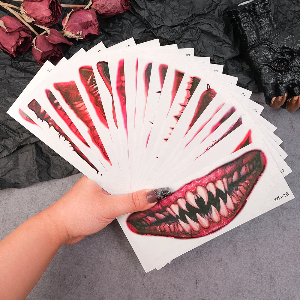 50pcs New Halloween Horror Big Mouth Face Tattoo Funny Diy Stickers Party Scary Temporary Tattoo Waterproof Tattoo for Men Women