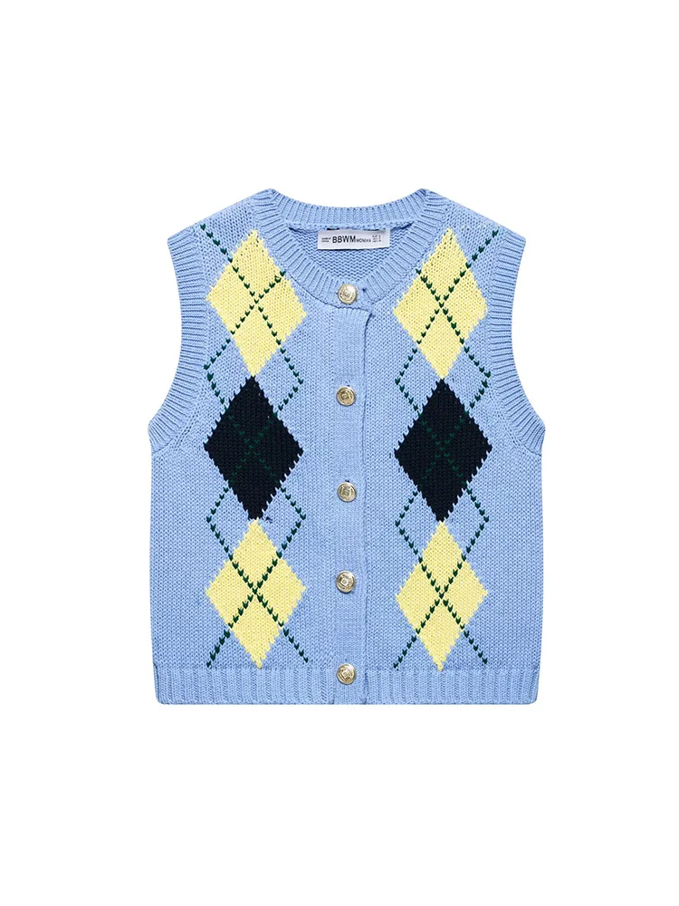 

KUCLUT Women Fashion Argyle Plaid Single Breasted Knitted Vest Tank Tops Vintage O-Neck Sleeveless Female Chic Lady Top