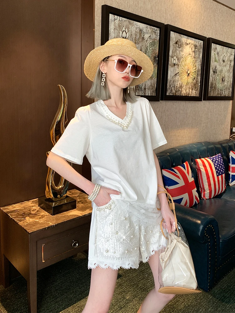 European Station 2023 Summer New Heavy Industry Pearl Sequins Lace Lace Shorts Women's Korean Fashionable Slim Pants