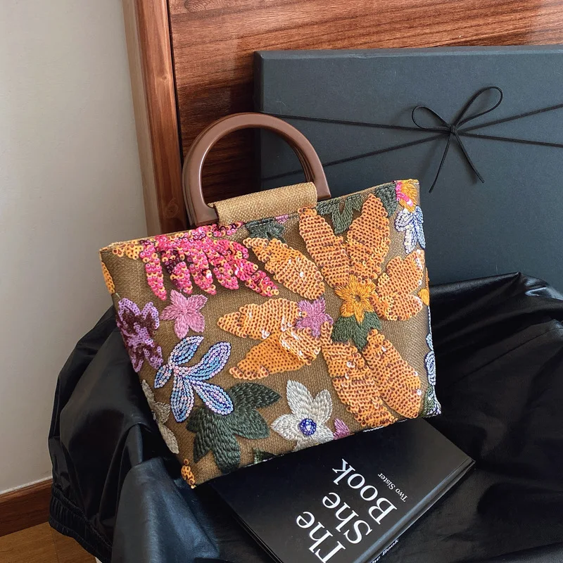 Straw Woven Beach Bag with Embroidered Flower Sequins