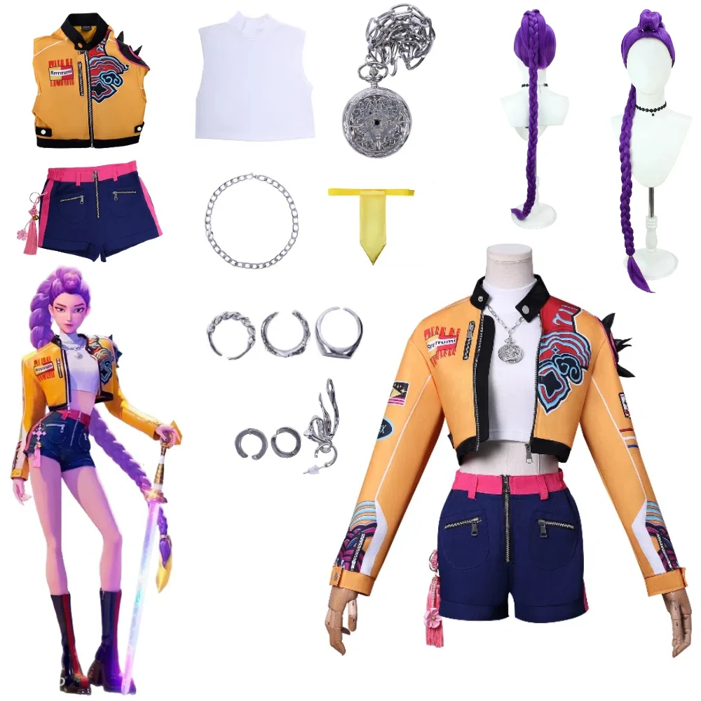 

Anime Movie KPop Demon Hunters Rumi Cosplay Costume Wig Yellow Jacket Huntrix Uniform Earrings Shorts Halloween Women Girls