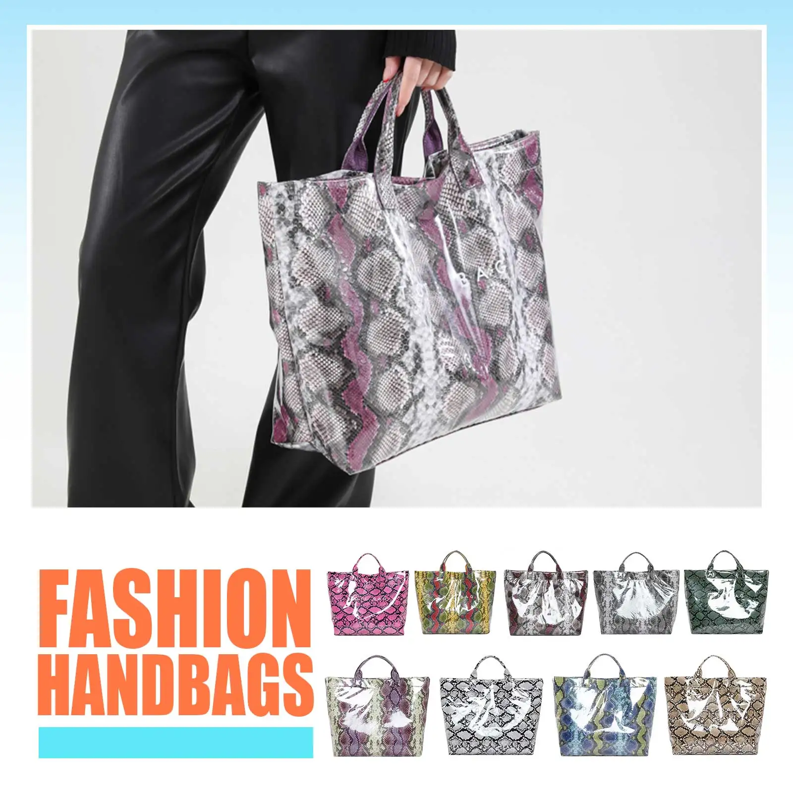 Women PU Handbag Fashion Handheld Bag Large Capacity Top Handle Bag Snake Pattern Commuting Bag Waterproof Outdoor Travel Bag