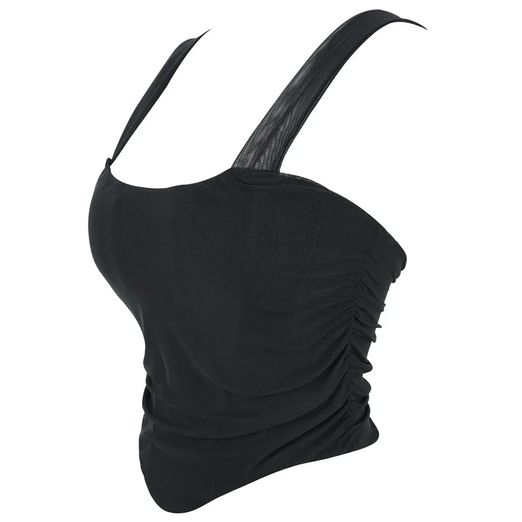 Breathable Mesh Pleated adjustable Crop Top Women Sexy Corsets Bustiers Off Shoulder Tank Top Clubwear