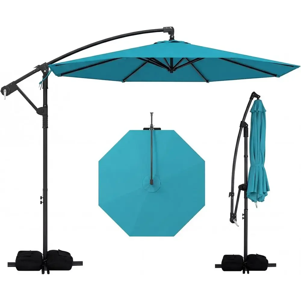 10ft Cantilever Patio Umbrella with Base, Rotating Outdoor Shade, 2 Sandbags, Crank Open/Close for Garden and Backyard