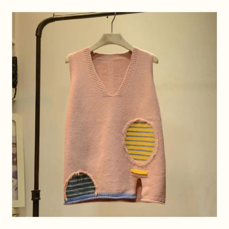 

Spring and Autumn Art Retro Color blocked Striped Patchtop V-neck Knitted Women's Vest Sweet and Cute Style Women's Trendy Top