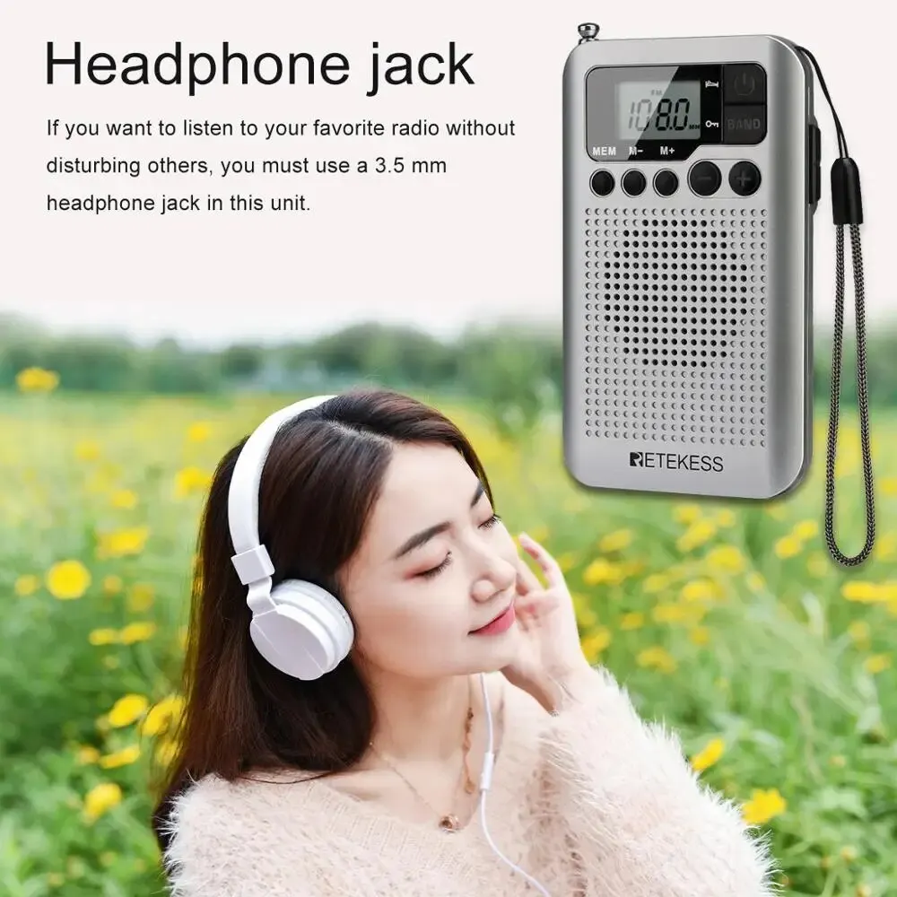 Retekess TR106 Mini Radios Portable Radio AM FM Battery Operated Pocket Radio Speaker Stereo LCD Display Headphone Jack Clock