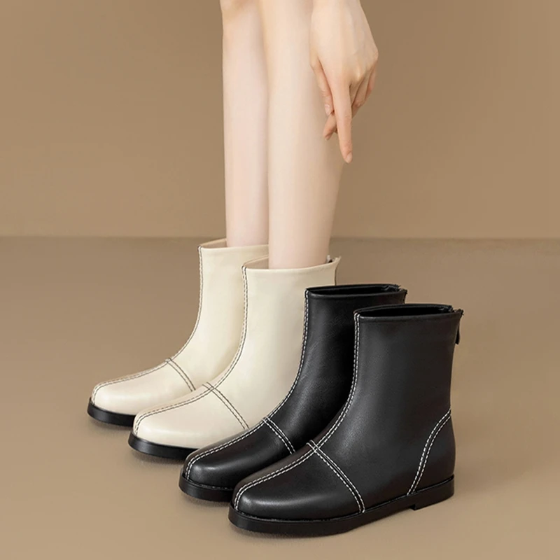 

Women's new leather cowhide round toe, low heel, oversized back zipper, and calf fashion short boots Chelsea boots
