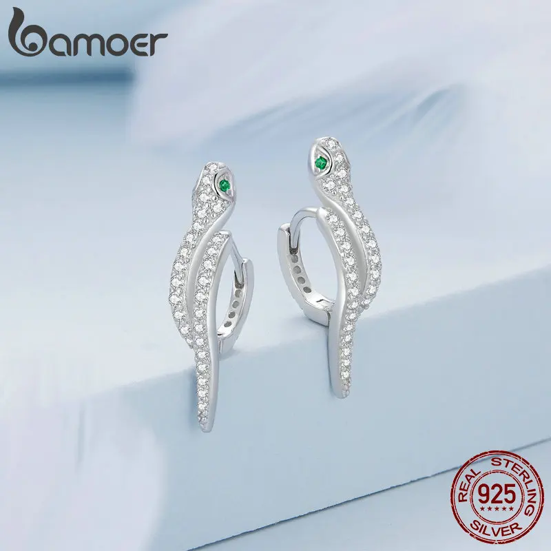 BAMOER 925 Sterling Silver 3D Snake Earrings for Women Shiny Zircon Snake Ear Buckles Statement Fine Jewelry Party Gift BSE669