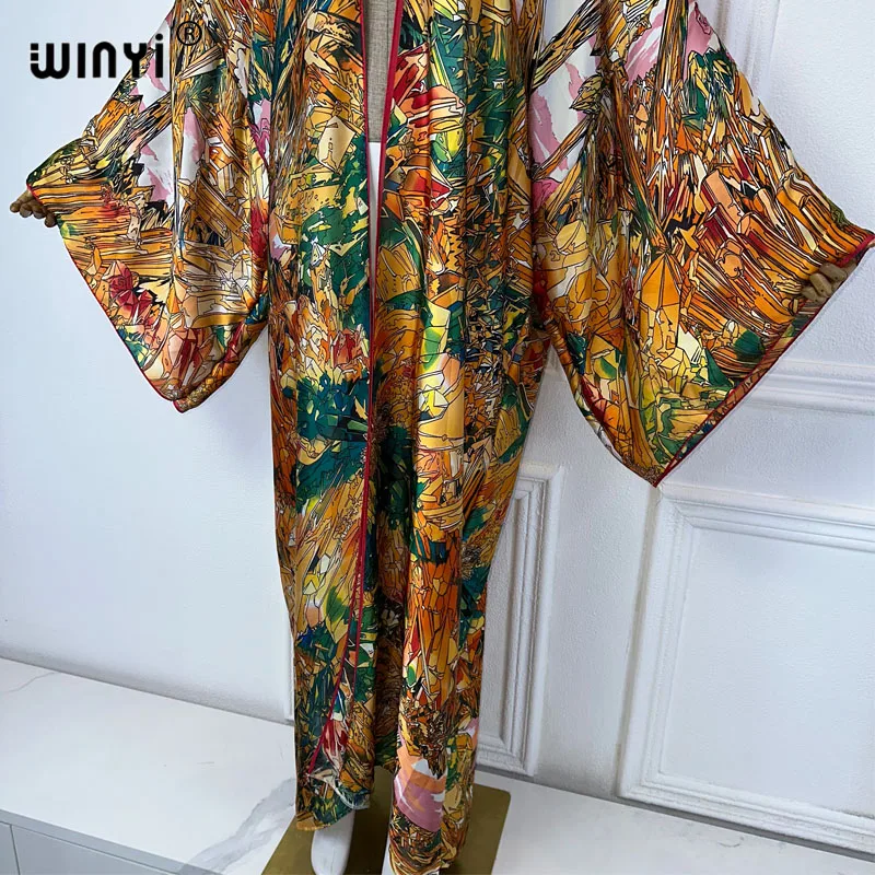 WINYI Kimono kobiety lato nowy nadruk sweter z długim rękawem bluzka damska luźna abaja narzutka plażowa sukienka boho impreza kaftan