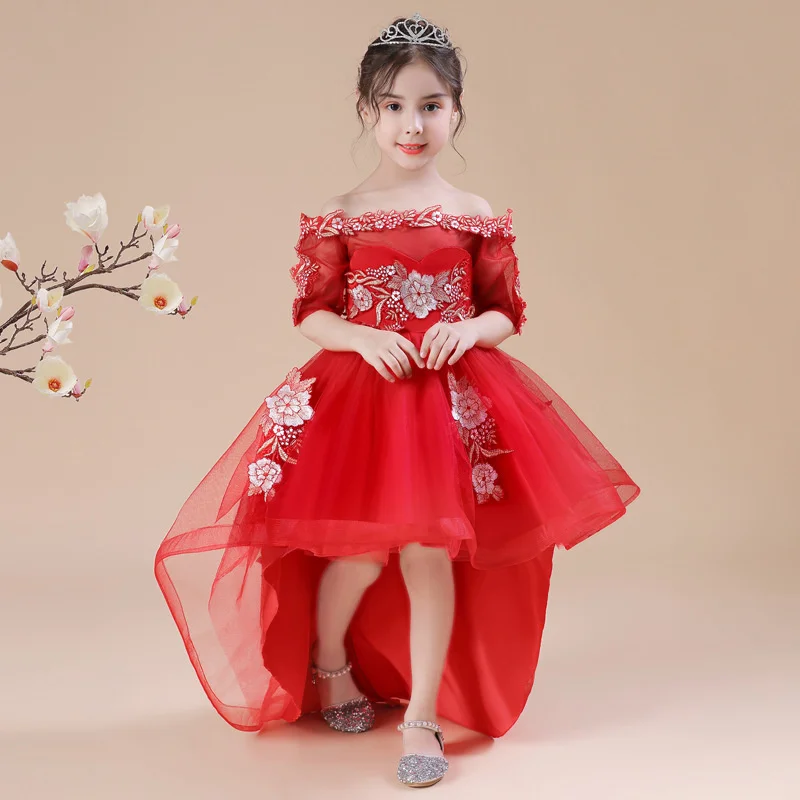 

Black Dress For Trailing Girl Flower Evening Bridesmaid Party Dresses 2023 New 4-13T Shoulderless Hem Vestidos Kids Clothes