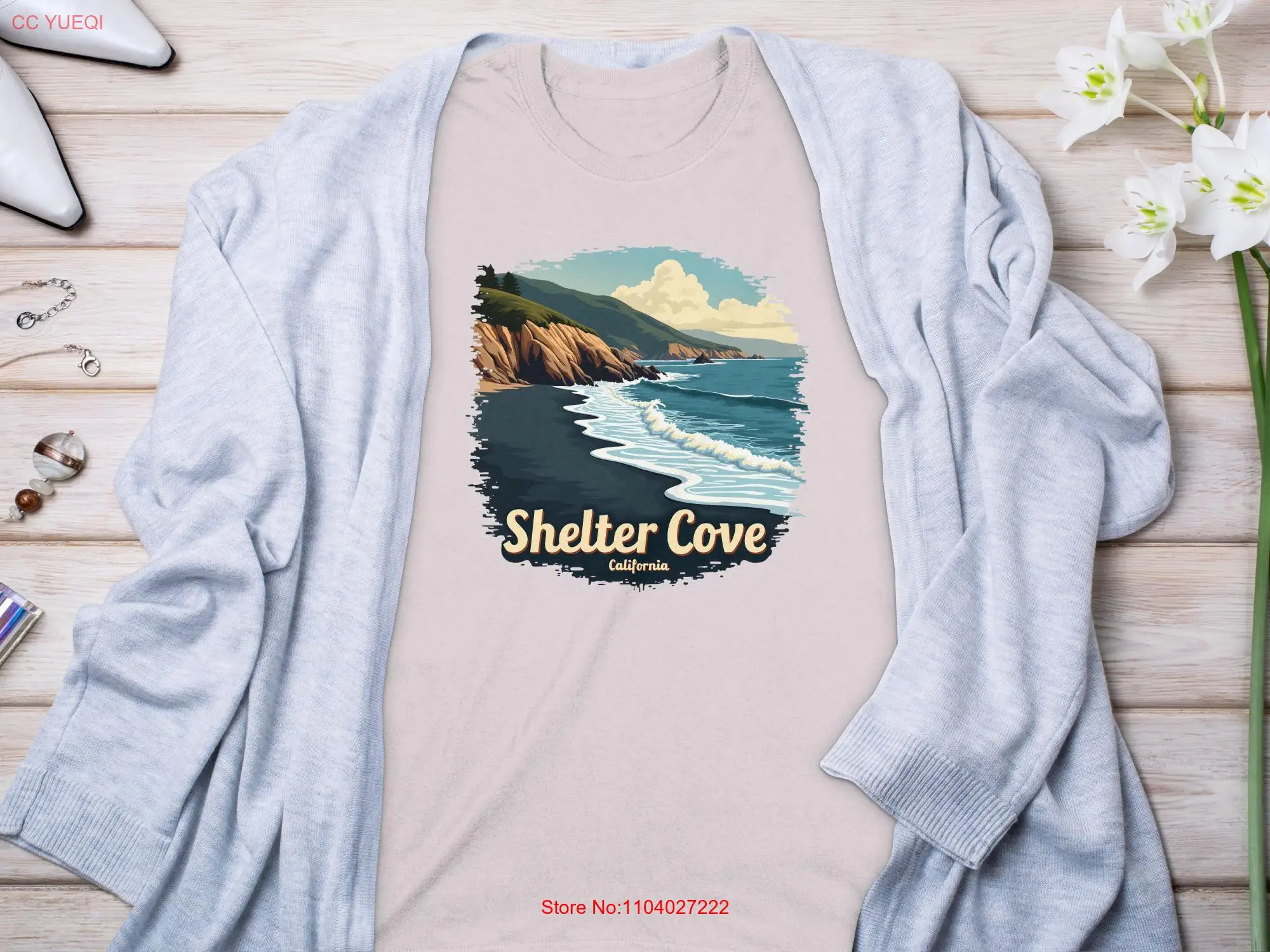

Vintage Shelter Cove California T Shirt Retro Beach Art PrinT Ocean Wave Coastal Casual Clothing long or short sleeves