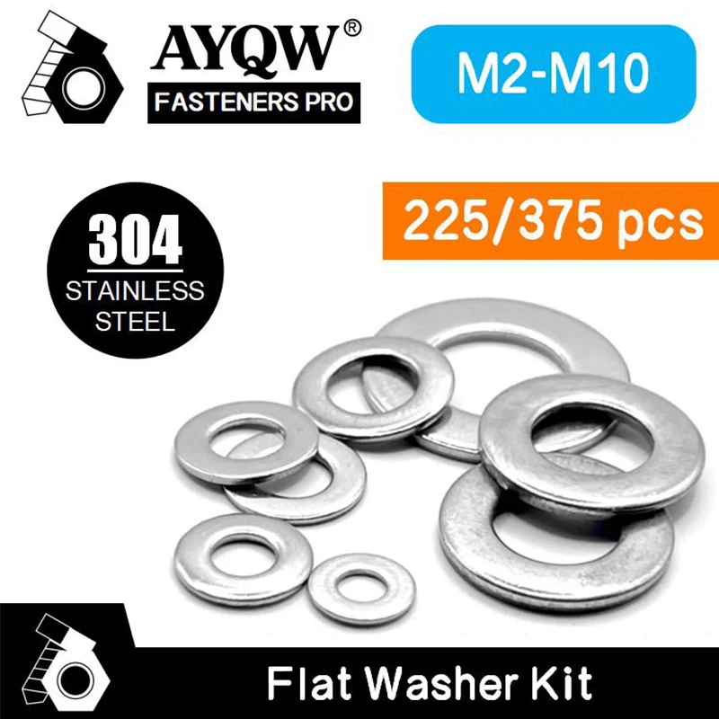 225/375pcs Stainless Steel Flat Washer, Used for Screws and Bolts, Mudguard Washer Classification Kit, Various Hardware Lock Me
