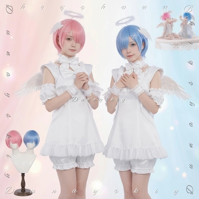 White Sleeveless Ruffle Lolita Ram Rem Costume Sweet Angel Pure White Pajamas Jirai Kei Wig Halloween Party Cosplay Anime RE0