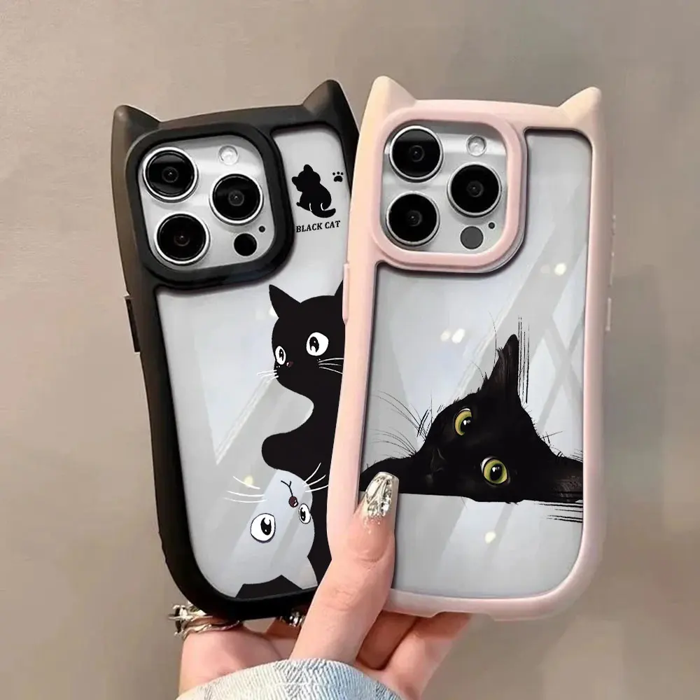 Lovely Black Cat Cute Cat Ear Phone Case For iPhone 16 15 14 13 12 11 Pro Max Transparent Hard Acrylic Soft Silicone Bumper