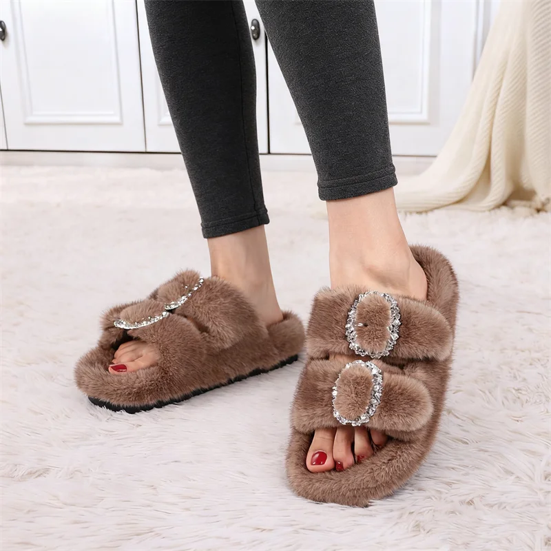 

Women's Winter Slippers Non-Slip Outdoor Indoor House Shoes Plush Mink Faux Fur Warm Fuzzy Slippers Comfort Furry Mules Slippers
