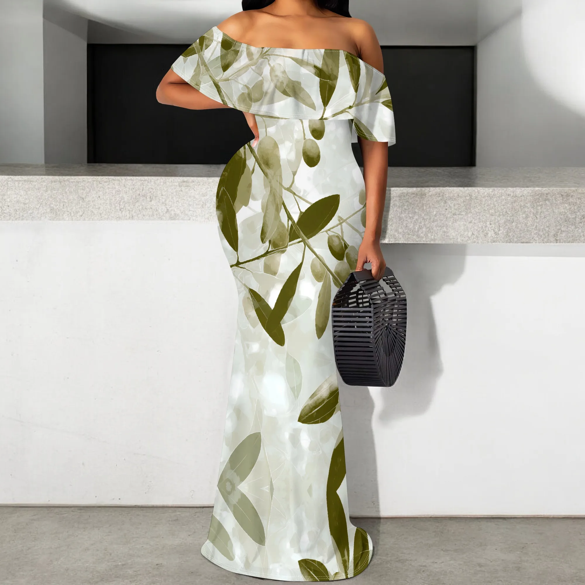 

Women's Leaf Print Off Shoulder Maxi Dress 2025 New Mermaid Bodycon Long Dress Summer Vacation Wedding Guest Wear S-3XL