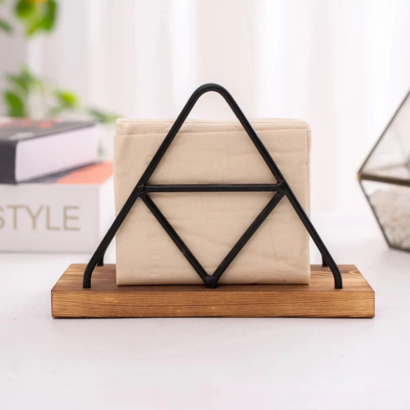 18*9*12cm Nordic Triangle Paper Towel Holder Metal Steel Rim Wood Upright Napkin Holder Paper Towel Finishing And Placing Stand