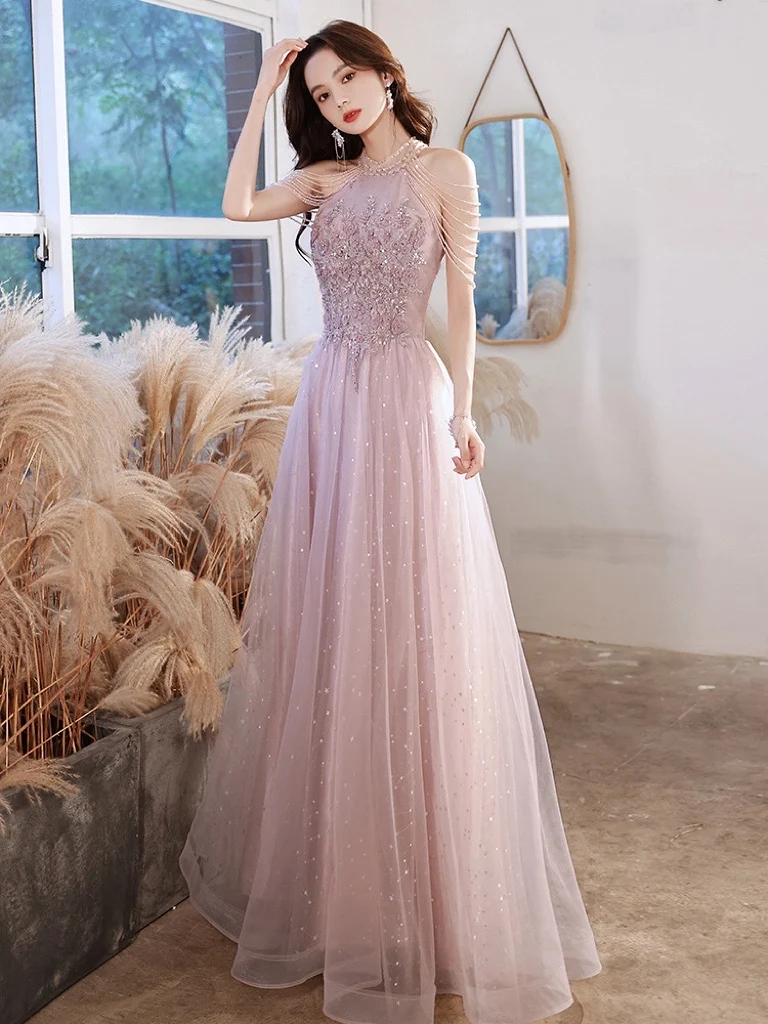 Elegant Pink Celebrity Dress Sequins Beading Halter With Tassel Sleeve A Line Exquisite Floor Length Prom Evening Gowns