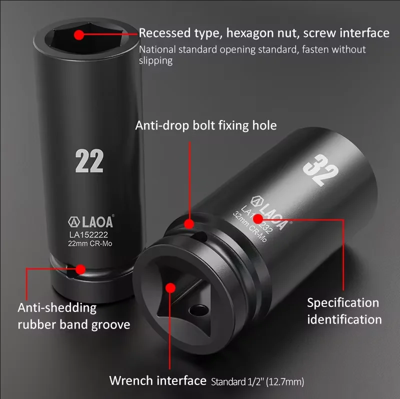 LAOA 17-32mm Hex Socket Wrench 1/2 inch Head Used on Ratchet Wrench Drill Torque Spanner Deep Sleeve for Pneumatic Electric Tool