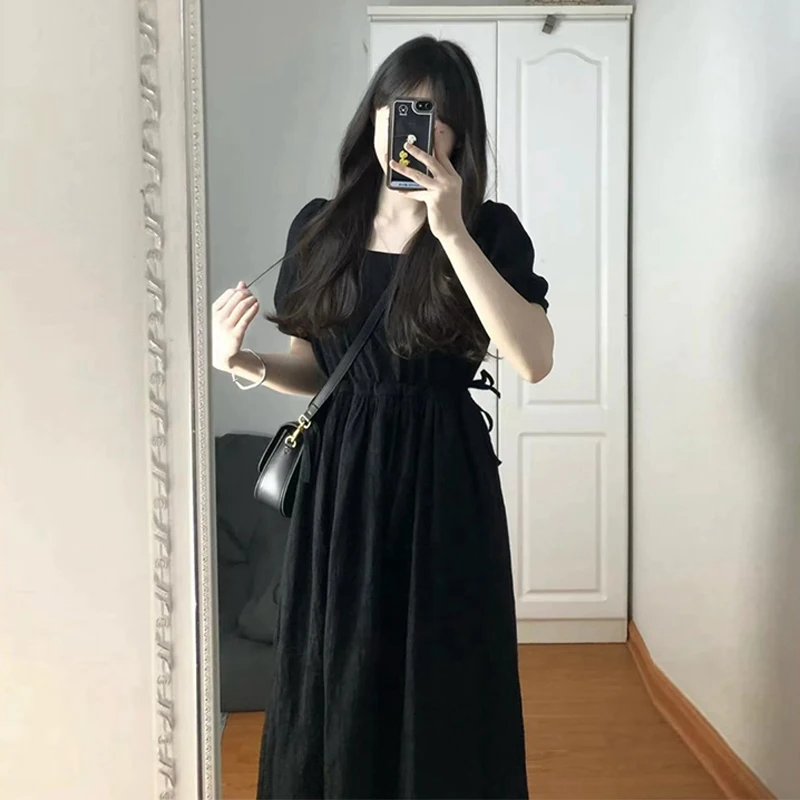 Yanling French Style Retro Black Dress for Women Summer Small A- line Dress Tight Waist Slimming Sense of Design Temperament Dre