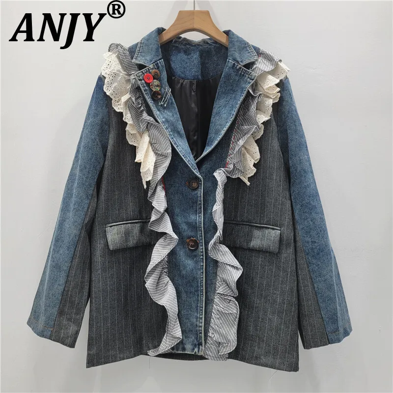 

ANJY весенне-осенний новый женский пиджак джинсовый лоскутный кружевной оборка в полоску контрастного цвета однобортный уличный пиджак A13233