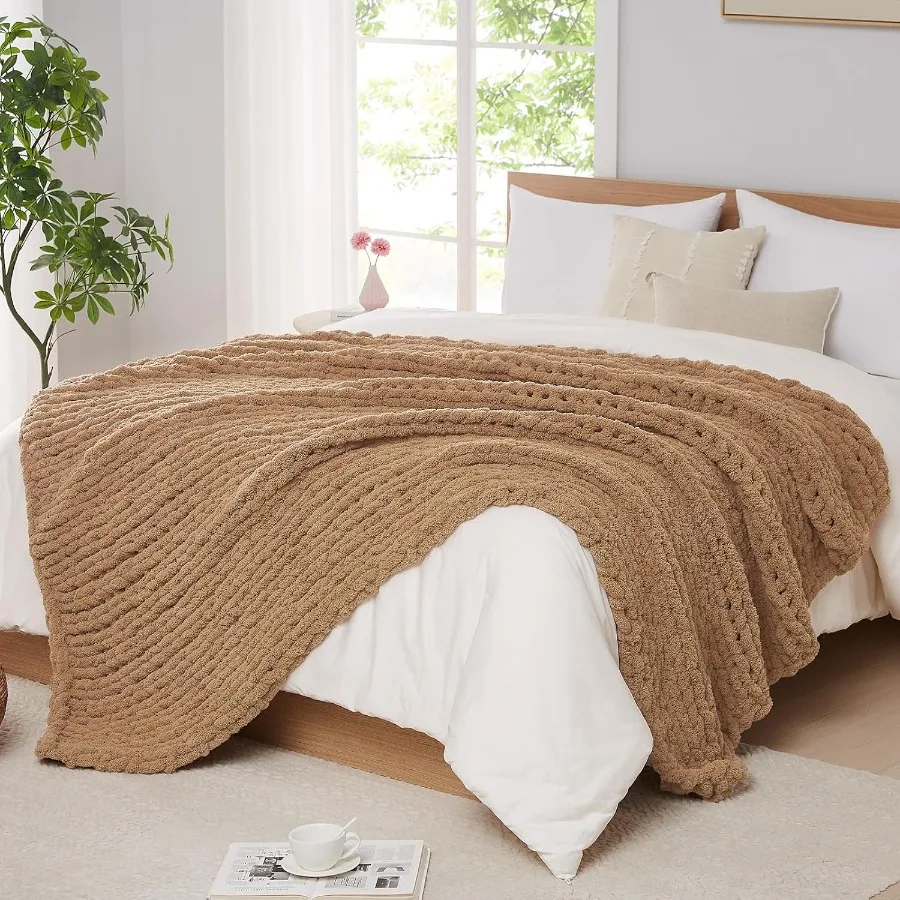 

Chunky Knit Blanket Throw: 80''x90'' Chenille Chunky Knitted Throw Blankets for Bed Couch Handmade Thick Big Cable Knit Blanket