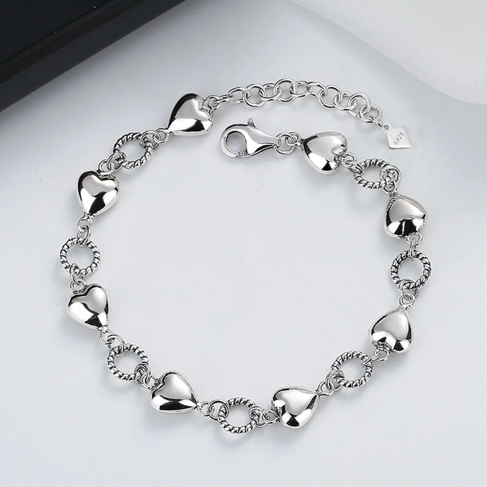 

Real Solid 925 Sterling Silver Chain Women Lucky Carved Twist Circle Heart Link Bracelet