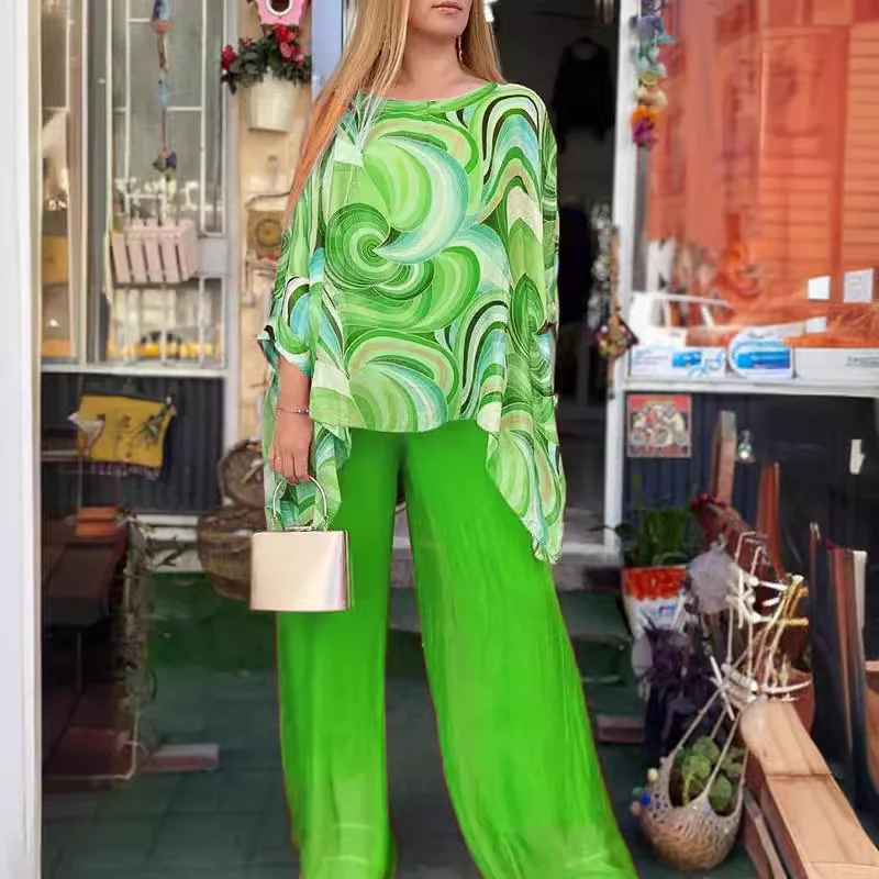 Lady Colorful O Neck Loose Suit Casual Chiffon Set Three Quarter Sleeve Top Wide Leg Pants Women Outfit Comfortable 2 Piece Sets