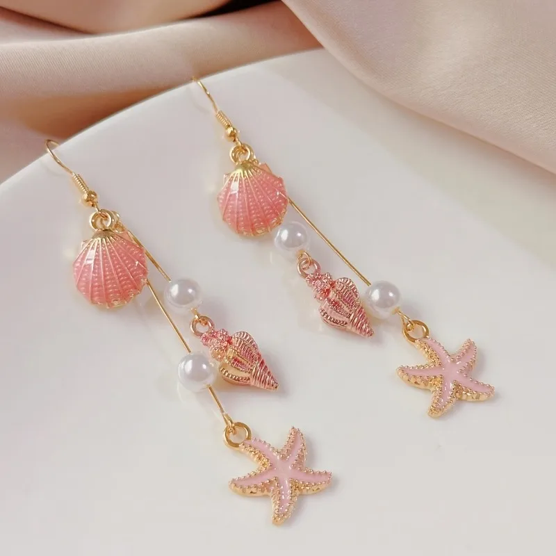 Fashionable Summer Ocean Pink Imitation Conch Imitation Shell Imitation Pearl Drop Earrings Women'S Beach Vacation Decoration