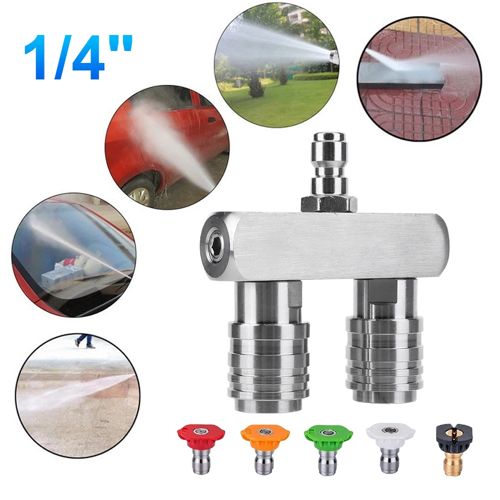 Pressure Washer Dual Nozzle Adapter Rod +5 Pressure Washer Spray Nozzles Double Head Car Wash Joint Dual Pressure Washer Nozzle