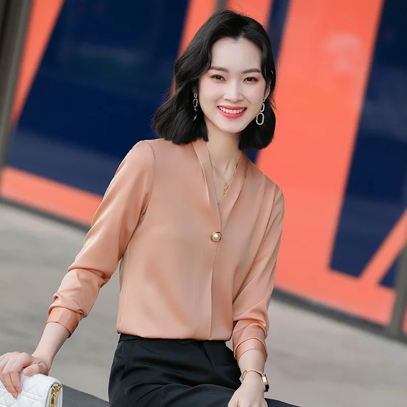 Elegant Apricot Blouses Shirts for Women Long Sleeve Business Work Wear Summer Office Ladies Blouse Shirt Female Tops Clothes