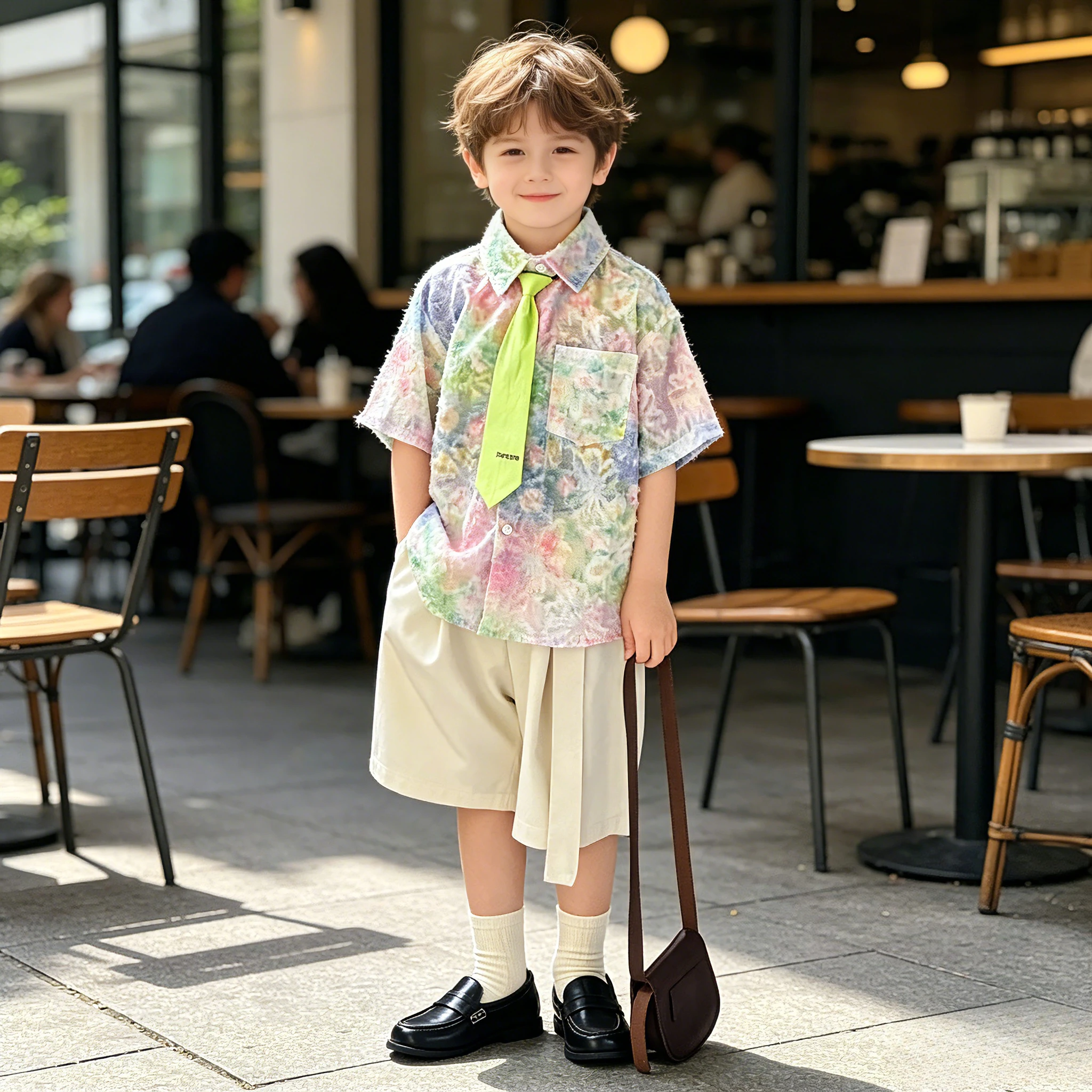 

Boys Print Shirt & Pleated Shorts Set with Suspenders Necktie Summer Kids Gentleman Summer Outfit for Wedding Party Photoshoot