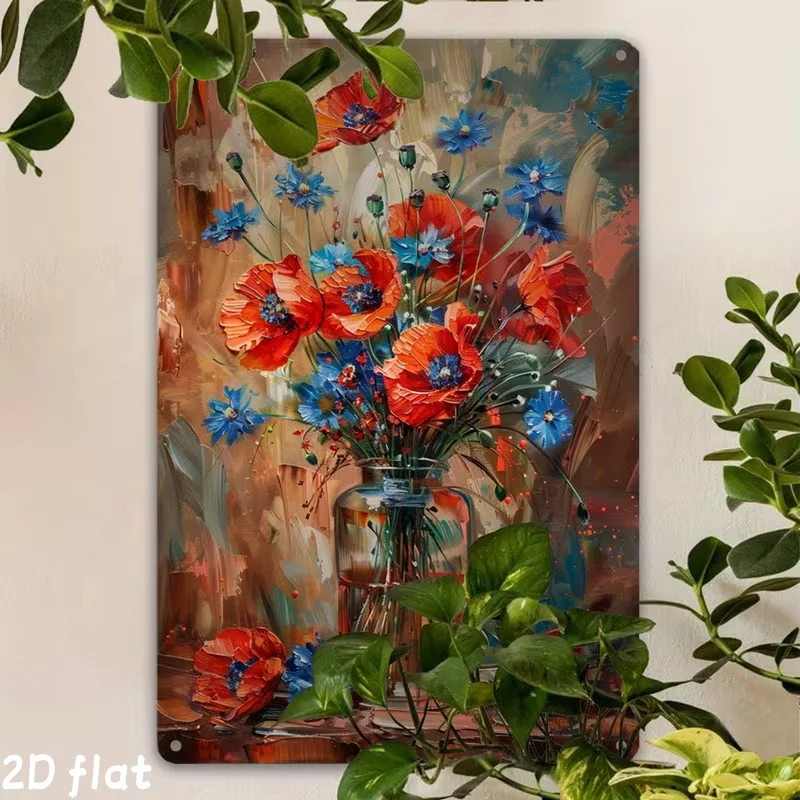 1pc of 2D flat, retro red poppy and blue cornflower metal logo, rural farmhouse decoration with bright orange red